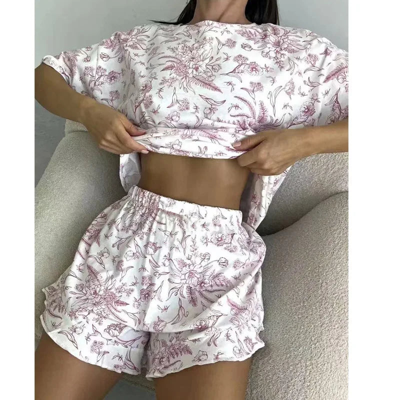 New women's sleepwear casual women's home wear ruffled short sleeved sleepwear shorts loose and comfortable two-piece set