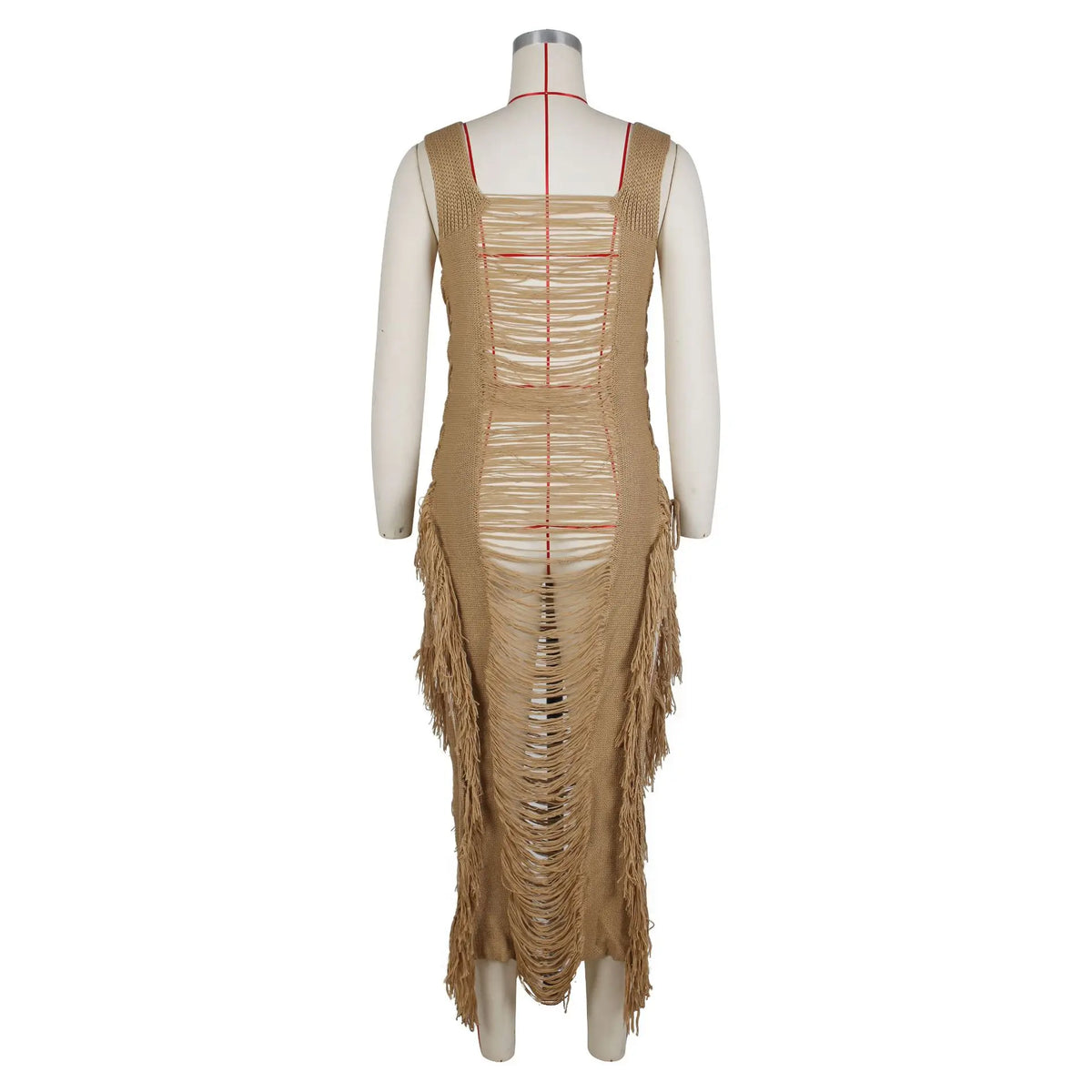 DEKA Women Knitted Tassel Beach Bikini Cover Up Backless Crochet Long Beach Dress Swimwear Side Split Hollow Out Sundress