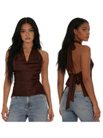 Women Halter Cowl Neck Tank Tops Slim Solid Color Satin Sleeveless Backless Vest for Going Out Party Club