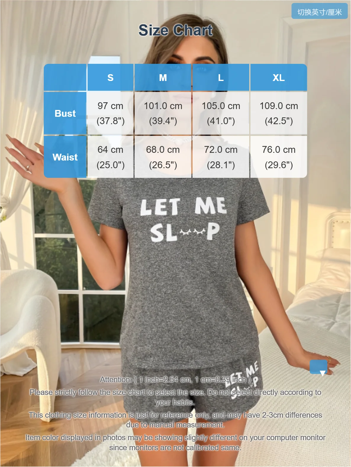 Women Pajama Set Gray Short Sleeve Top and Shorts with White Letter Print “LET ME SLEEP” Cute Casual Loungewear Sleepwear