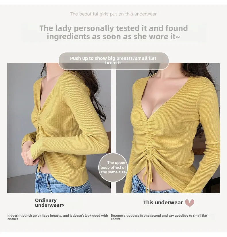 MOYISU Lingerie Women's Small Chest Gathering Summer No Underwire Retraction Breast Anti-sag Flat Bra Cover Underwear Set
