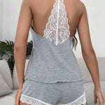 Women's Crochet Lace Pajamas Sleeveless V-Neck Set Casual Daily Wear 2 Piece Sleepwear Suit Sexy Solid Home Clothes Summer