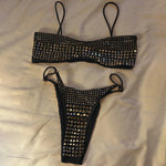 Black rhinestone process bikini sexy thong split swimsuit 2-piece beach set