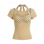 2026 Summer Women T-shirt Dot Print Short Sleeve Square Neck Halter Corset Tops Daily Casual Going Out Shirts Streetwear