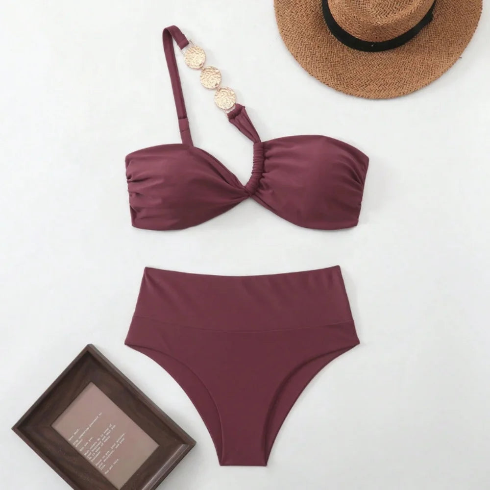 Sexy Metal Chain One Shoulder Bikini Set Women Solid Pleate Push Up Bra High Waist Swimsuit 2026 Bathing Suit Holiday Swimwear