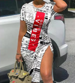 Trendy Printed Slim Midi Dresses Women Fashion Package Hip Bodycon Short Sleeves Drawstring Slit Dress Casual Ladies Streetwear