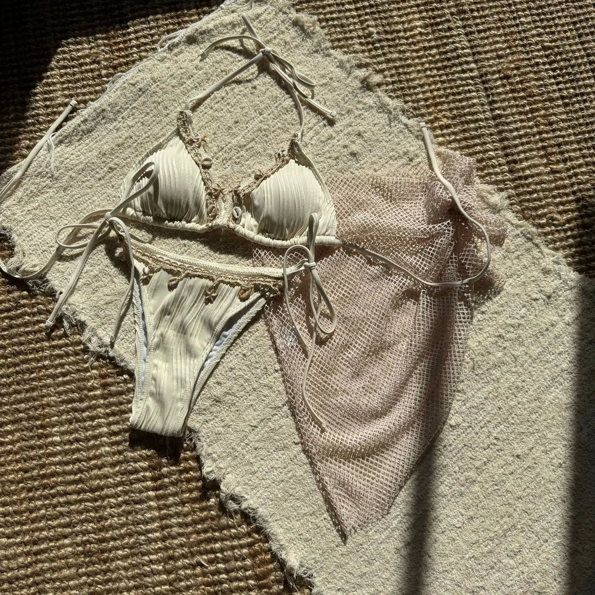 With Mesh Sarong Wrinkled Halter Shell Bikini Female Swimsuit Women Swimwear Three-pieces Bikini Set Bathing Suit Swim Beachwear