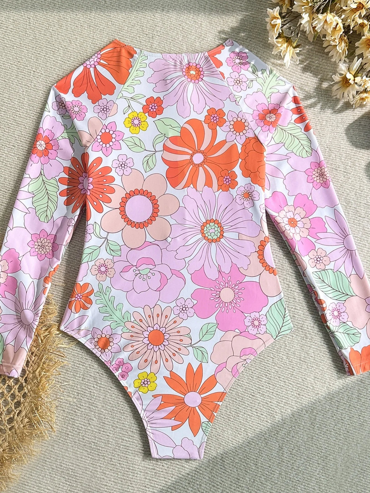Pink Floral Print Surf Swimwear Women Front Zipper Long Sleeve Sunscreen Holiday One Piece Swimsuit Bathing Suit Monokini 2026