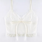Lace Trim Crop Top Aesthetic White Bow Cute Sweet Mini Vest Knitted Basic Casual Tee Women Summer Backless Beach