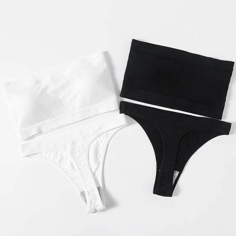 Women Strapless Bra And Panties Set Seamless Anti-Slip Tube Bra Sexy Underwear Brazilian Panties Ribbed Bandeau Lingerie Set