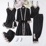 2025 Luxury Satin Pajama Set 5 Pcs Women's Silky Sleepwear Lace Trim Robe Nightgown Cami Shorts Pants Elegant Loungewear New Hot
