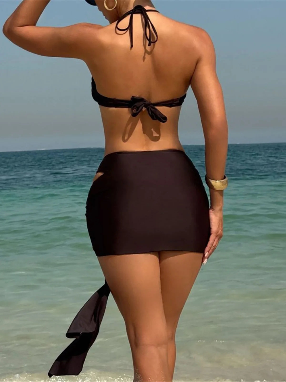 3PCS With Skirt Halter Metal Ring Bikini Female Swimsuit Women Swimwear Three-pieces Bikini set Bather Bathing Suit Swim K7157