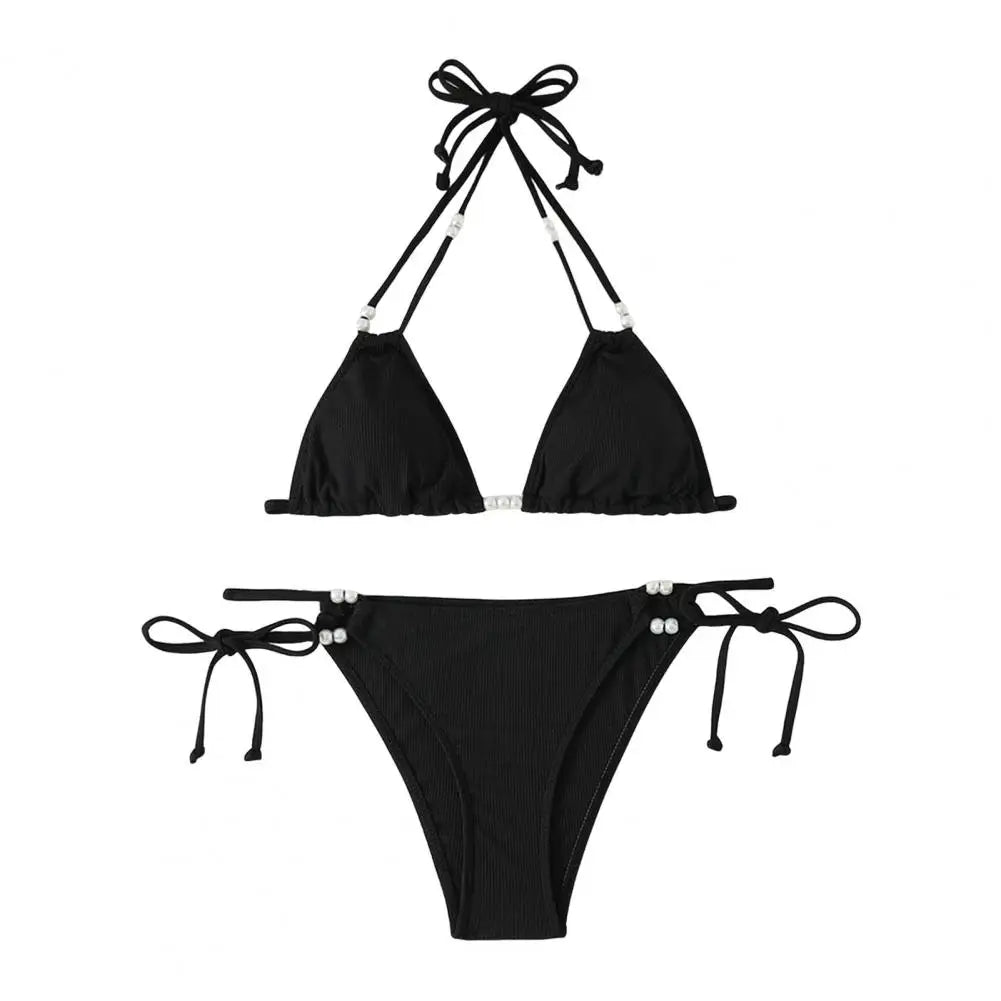 2Pcs/Set Women Bikini Set Adjustable Side Straps Halter Bra Low-rise Swimming Briefs Set Ladies Pure Imitation Pearls Swimwear
