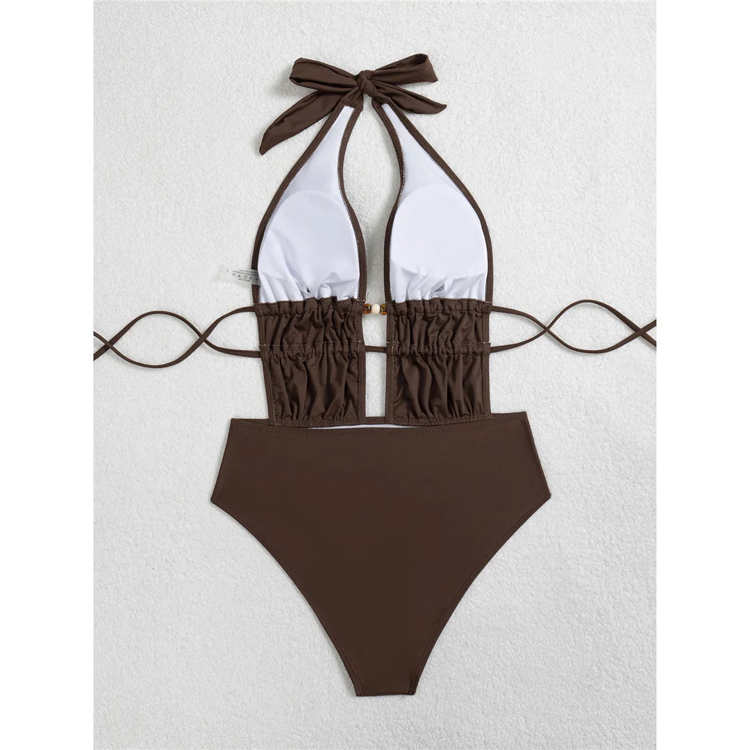 S - XL Deep V Neck Halter Wrinkled Women Swimwear One Piece Swimsuit Female Backless High Leg Cut Bather Bathing Suit Swim V7831