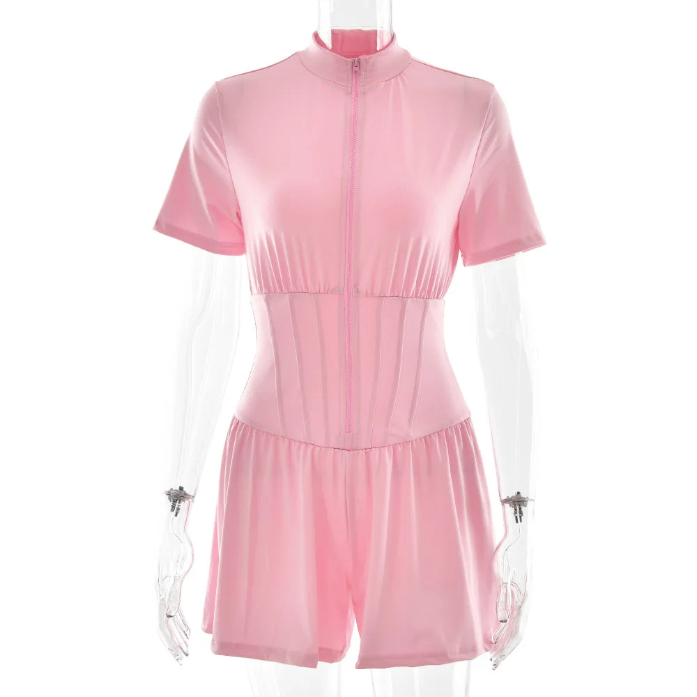 FDYOUI New 2026 Summer Zip-up Corset Playsuits Women Casual Short Sleeve Sports Fitness Overalls One Piece Tunics Yoga Bodysuit