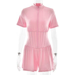 FDYOUI New 2026 Summer Zip-up Corset Playsuits Women Casual Short Sleeve Sports Fitness Overalls One Piece Tunics Yoga Bodysuit
