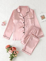Women Autumn Winter Silk Pajamas Set Casual Soft Breathable and Relaxed Fit Long Shirt Tops and Long Pants Sleepwear