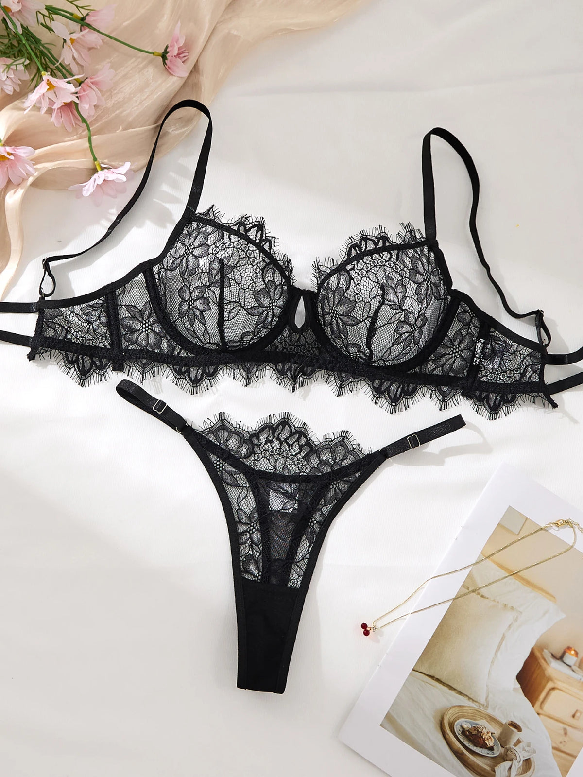 Black Lace Bra Brief Sets for Women Sexy Romantic Transparent Underwear with Flowers See through Erotic Lingerie
