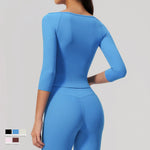 NCLAGEN Yoga Long Sleevetop Women Pilates Gym Clothes Quick Dry Cropped Compression 5/4 Sleeve Fitness Shirt Boat Neck Crop Top