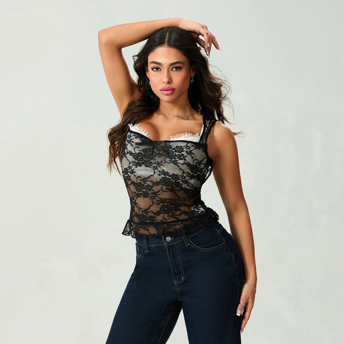 Women Solid Color Halter Neck Tank Tops Slim Bow See Through Sleeveless Open Back Crop Lace Vest Summer Streetwear