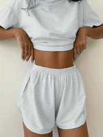 Summer Striped 2pcs Pajama Set for Women Short Sleeve Crop Top Elastic Waist Shorts Soft Loungewear Home Sleepwear