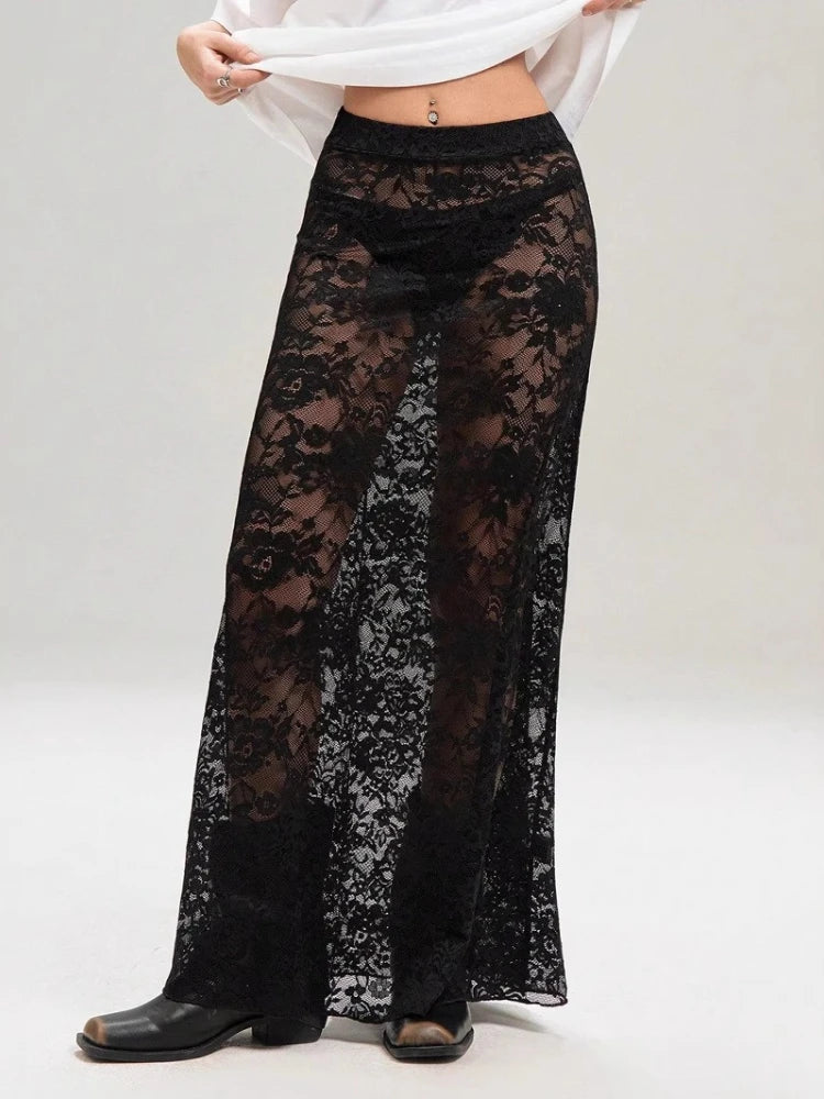Sexy High Waist Black Lace Skirts for Women 2026 Summer See-through Long Maxi Skirt Female Hollow Out Slim Holiday Party Dress