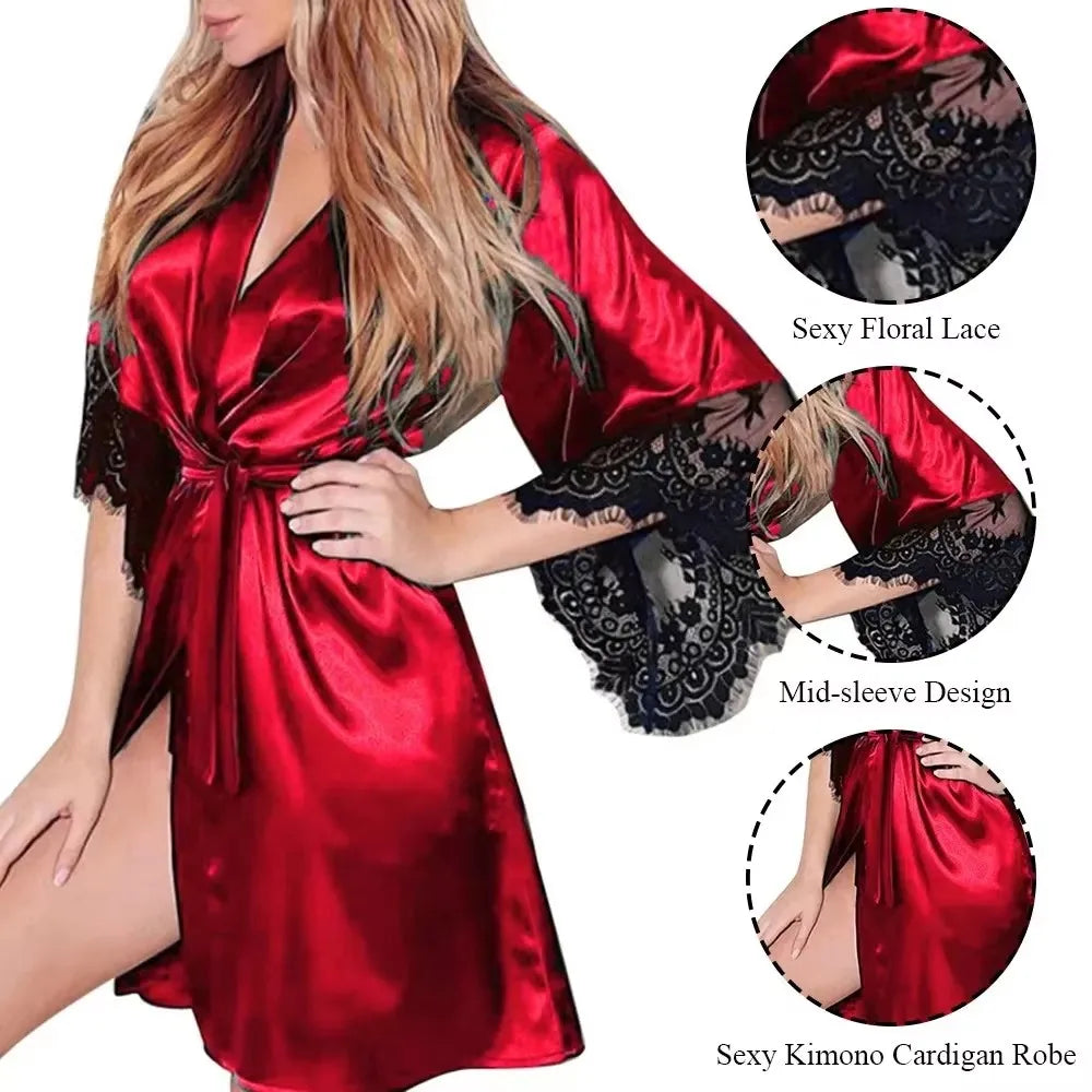Fabric Women Sleepwear Pajamas High Quality Practical Women Sleepwear Belt Bride Dressing Kimono Lace Ladies Fashion