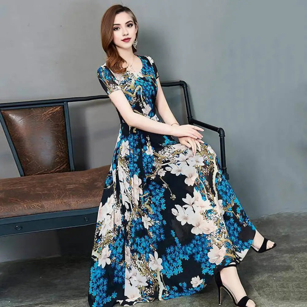 Summer Women Dress Floral Print A-line Big Hem High Waist Short Sleeves Round Neck Pleated Mid-calf Length Party Commute Dress