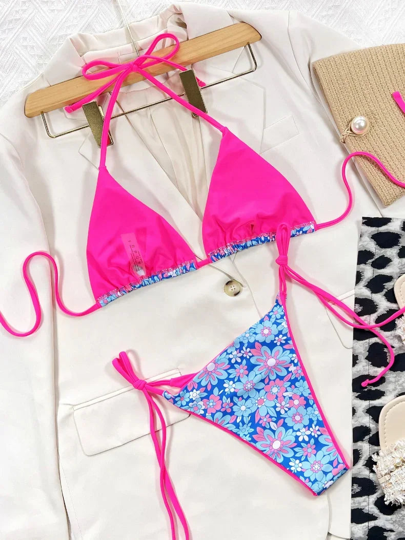 2026 Sexy Bikini Triangle Halter Floral Print Swimwear Swimsuit Women Bikinis Set Bathing Suit Beach Bikini Trajes De Bano Mujer