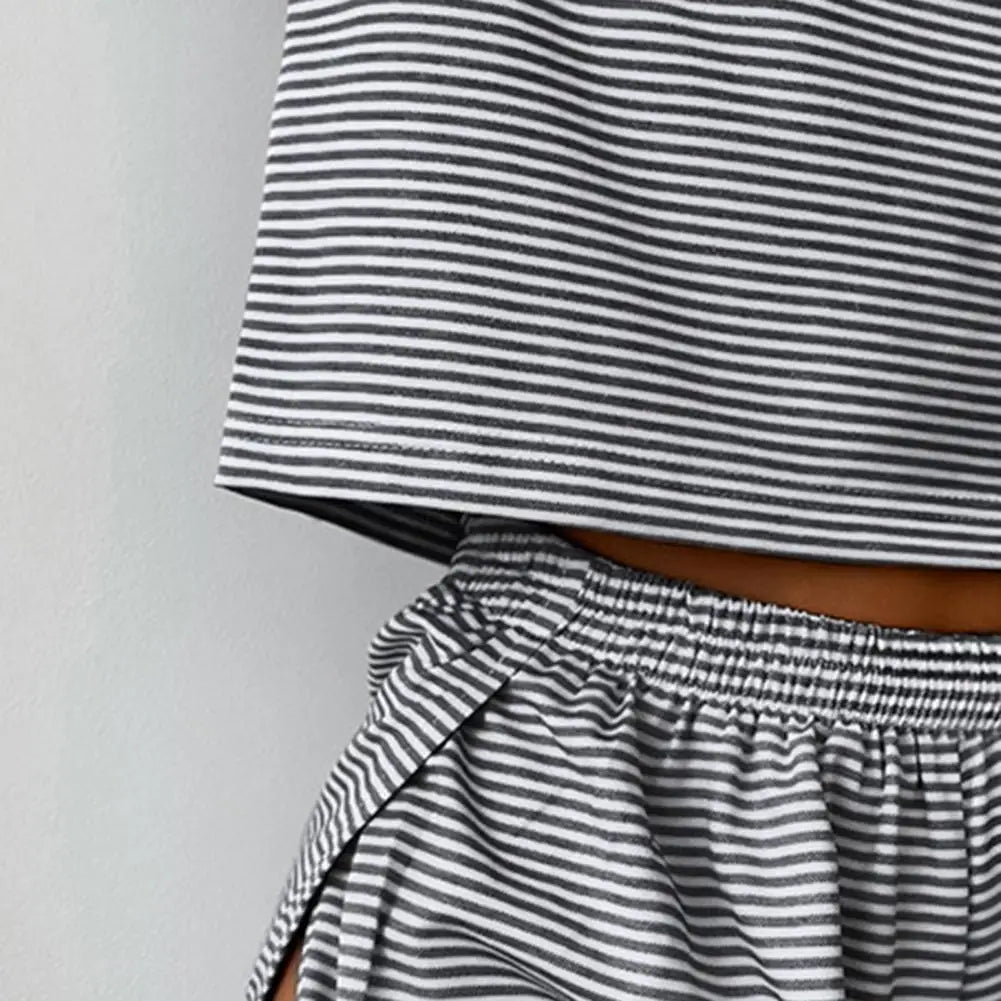 2 Pcs/Set Summer Sleepwear For Women Striped Printed Homewear Top Pants Suit Loose Short Sleeve T-shirt Elastic Waist Shorts