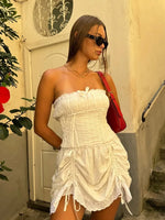 Foridol White Cotton Summer Women's Dress 2025 Off Shoulder Strapless Mini Beach Dress Casual Flower Embroidery Drawstring Dress