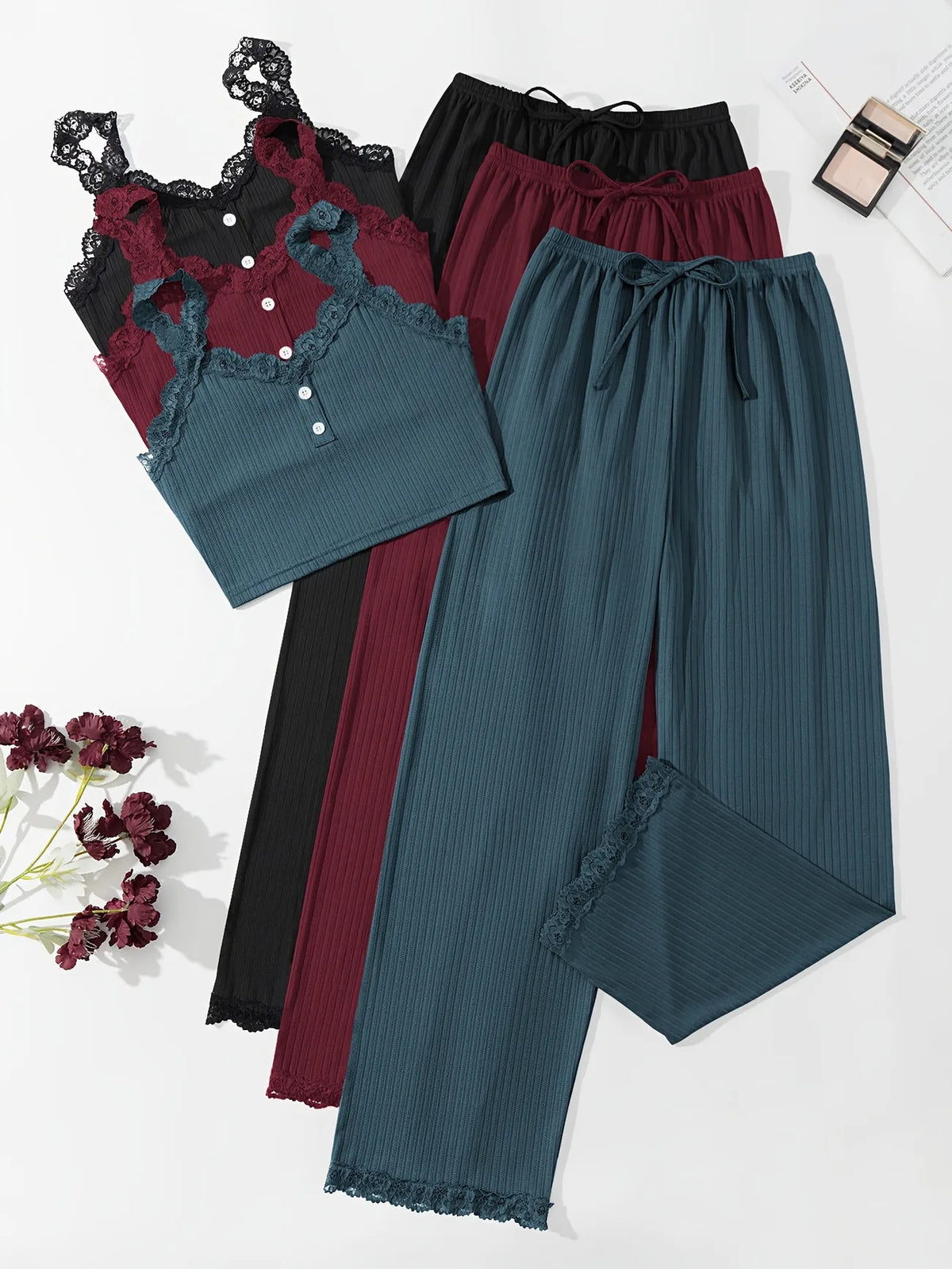 Women Ribbed Pajama Set Lace Trim Cami Top and Pants Sleepwear Soft Breathable Button Front Loungewear
