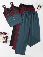 Women Ribbed Pajama Set Lace Trim Cami Top and Pants Sleepwear Soft Breathable Button Front Loungewear