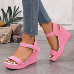 2026 New Platform Wedge Sandals Solid Color Round Headed Square BuckleHigh-heeled Sandals