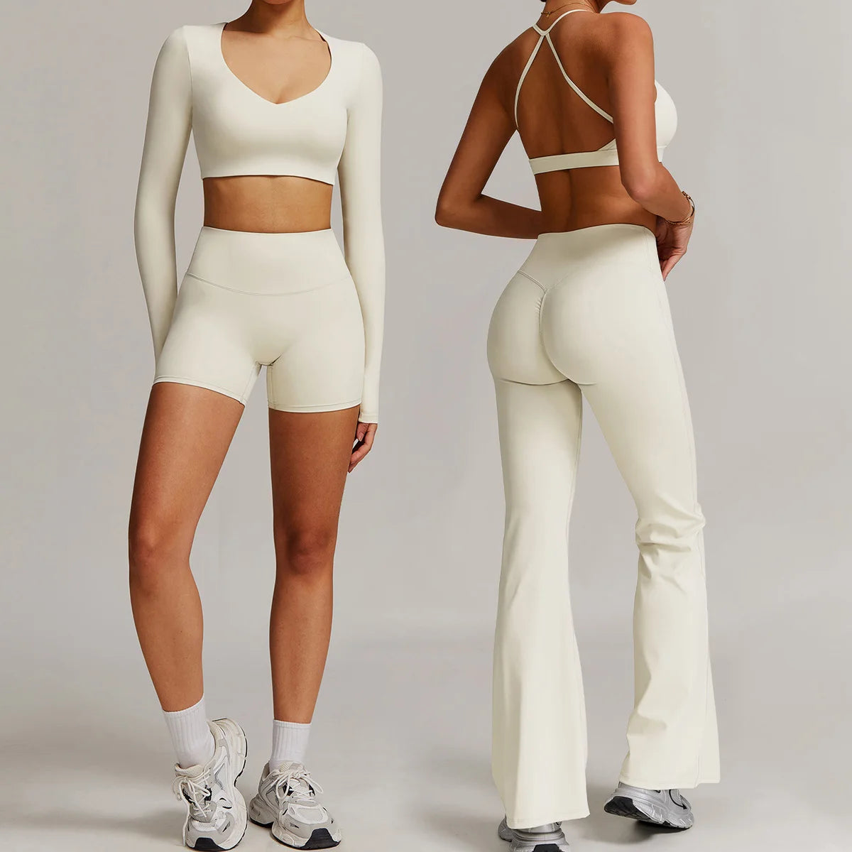 Women 2PCS Yoga Suit Sports Gym Set Tracksuit Workout Long Sleeve Shirt Fitness Flared leggings Short sleeve shorts running suit