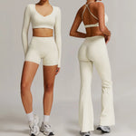 Women 2PCS Yoga Suit Sports Gym Set Tracksuit Workout Long Sleeve Shirt Fitness Flared leggings Short sleeve shorts running suit
