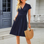Women Dress Short Sleeve V-Neck Flowy Dress Casual Pleated A-line Swing Dress with Pockets Summer Beach Sundress