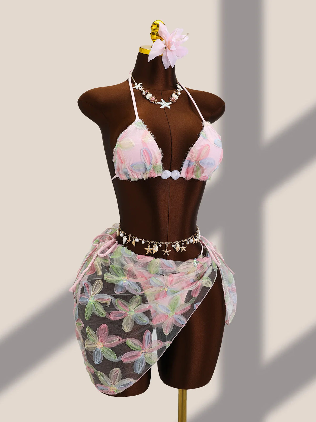 Sexy Pink Floral Embroidery Bikini Set 2026 Women Push Up Bra Triangle Swimsuit Holiday Bathing Suit Cover Up 3 Piece Swimwear