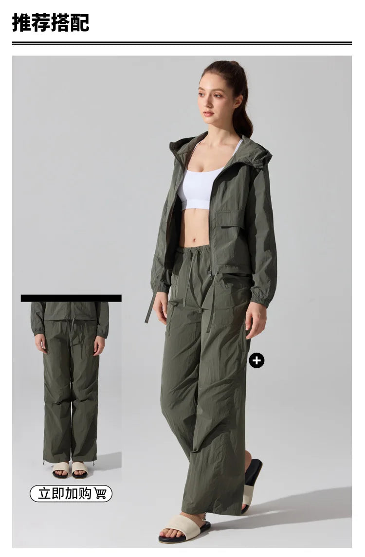 Outdoor Windproof Mountaineering Jacket Women Fashion Lightweight Sun Protection Sports Hooded Top Casual Loose Hiking Yoga Suit