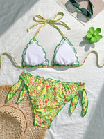 Women Cute Bikini Set 2025 New Summer Orange Floral Print Halter Ruffles Push Up Tie Side Thong Swimsuit Bathing Suit