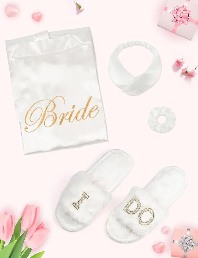 4 Pcs Bride Robe for Wedding Day Set Bridal Robe with Slippers Lace Trim Wedding Robe for Bridal Bachelorette Party