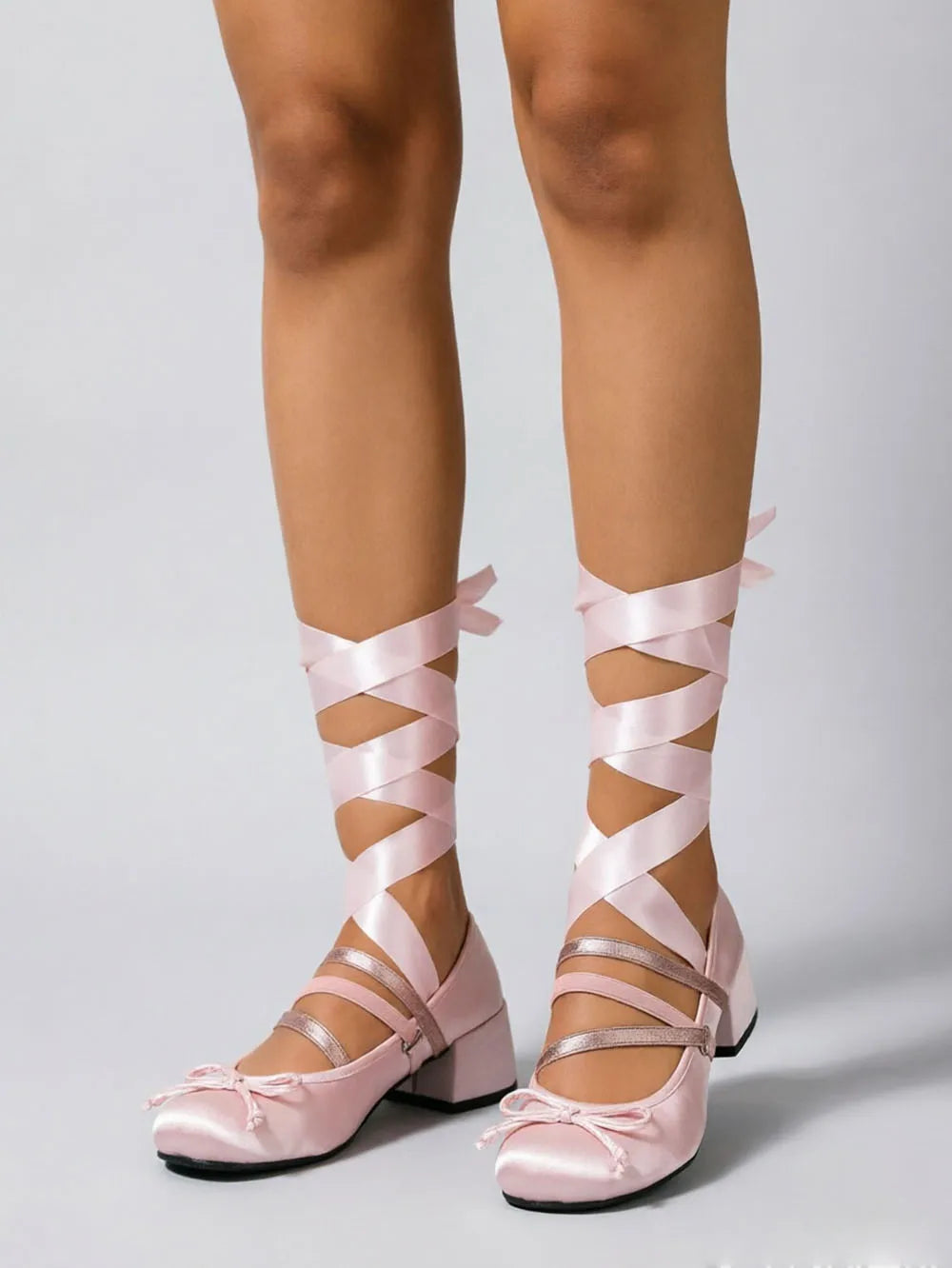 Pink Satin Ballet Style Heels Women Pumps Round Toe Ballerina Ribbon Wrap Leg Tie Up Chunky Block Mid Heel Cosplay Dress Shoes