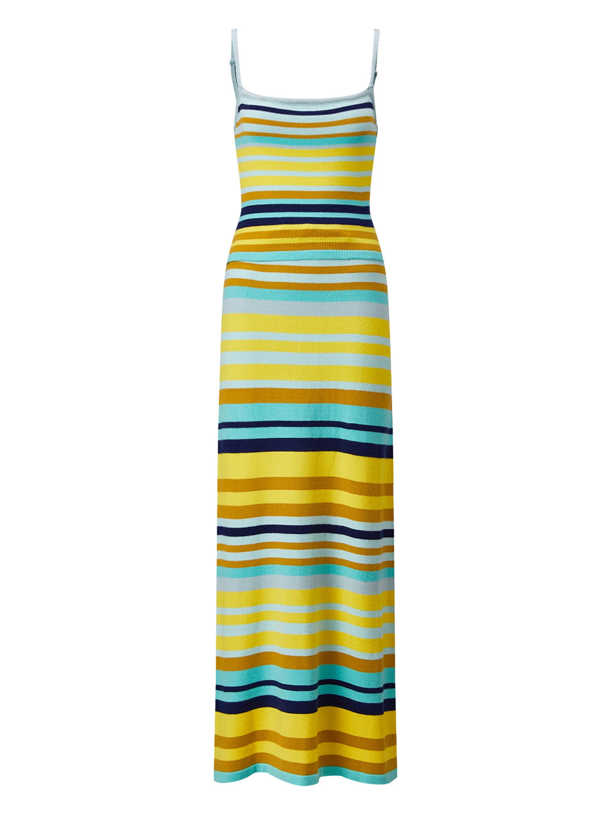 Women’s Bohemian Style Striped Two Piece Outfits Spaghetti Strap Tank Tops and Long Skirt Sets Summer Beach Street Wear