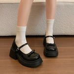 Japanese Style Bow Chunky Platform Pumps Women Ankle Buckle Thick Heels Mary Jane Shoes Woman Preppy High Heel Pu Leather Shoes