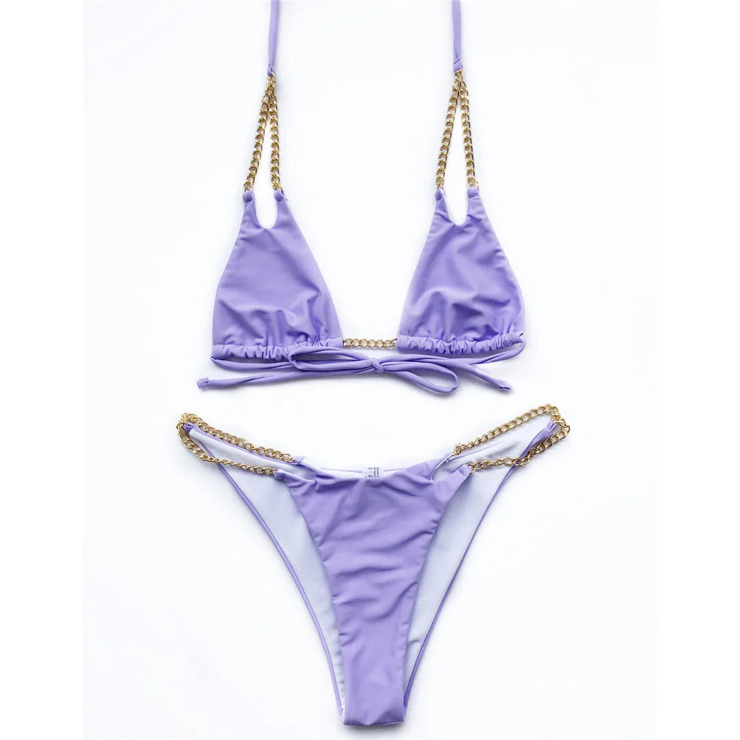 7 Colors Sexy Halter Bikini Female Swimsuit Women Swimwear Two-Pieces Bikini Set Metal Chain Bather Bathing Suit Swim Lady V2362