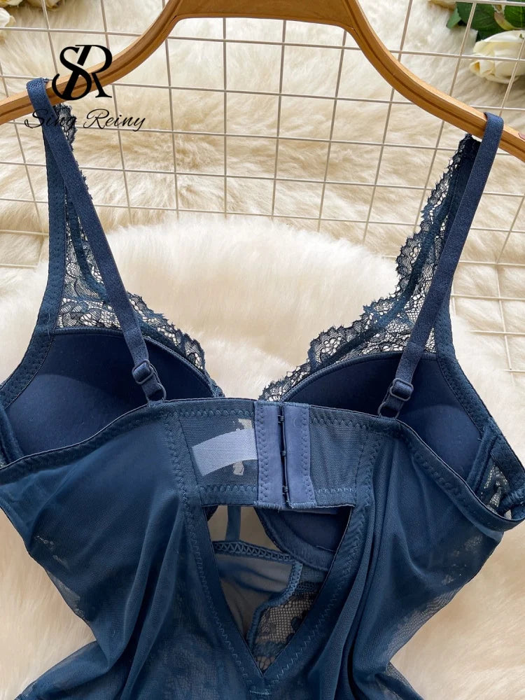 SINGREINY 2026 New Lace Lingerie Bodysuits Female Strap Hollow Out Backless Solid Underwear Floral Mesh Sexy Sheer Playsuits