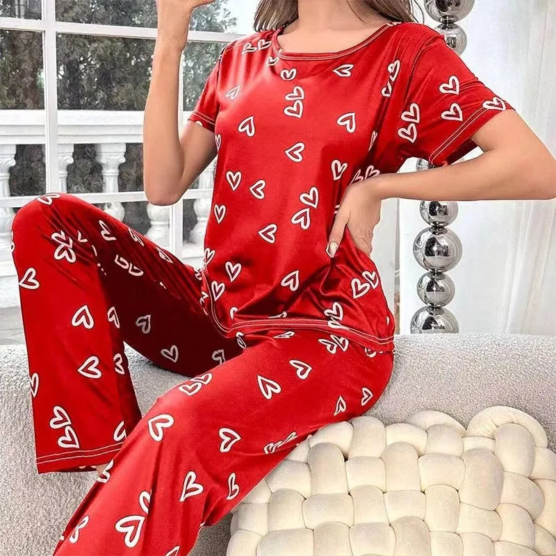 Ladies Pyjamas Dark Pink Letter Printed Short Sleeved T-shirt and Pants Sleepwear Pajama 2 Pieces Casual Home Wear