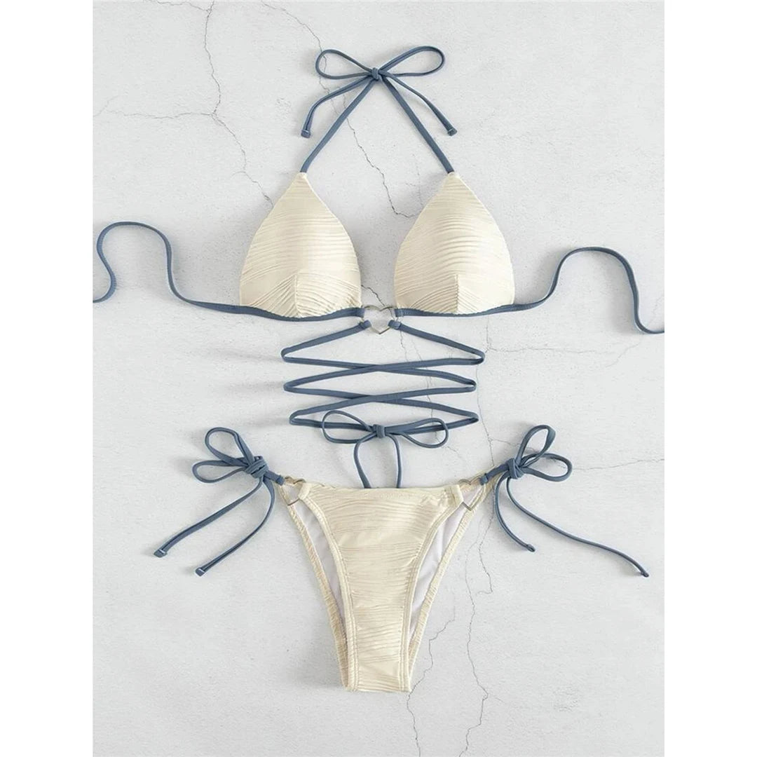 New Wrap Around Halter Wrinkled Bikini Women Swimwear Female Swimsuit Two-Pieces Bikini Set Bather Bathing Suit Swim Lady V4081