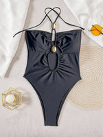 DEKA Solid Swimwear Women's New Hollow Out Metal One Piece Swimsuit High Elasticity Beach Vacation Style Halter Bikini Female