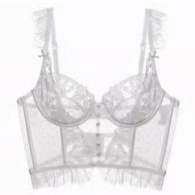 French Sexy Lingerie Set Women Ultra Thin See Through Embroidery Lace Bra & Thong Push Up Underwear Shaping Camisole Set MOYISU